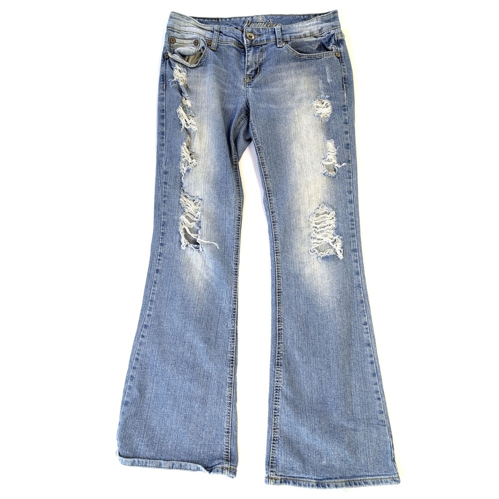 Rue21 Premiere Curvy Distressed Flare Jeans Light Wash Ripped Denim Size 7/8